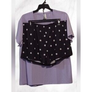 V-Neck Pocket Tee Lavender & Polka Dots Shorts Lounging Pajama Set. Women's XXL